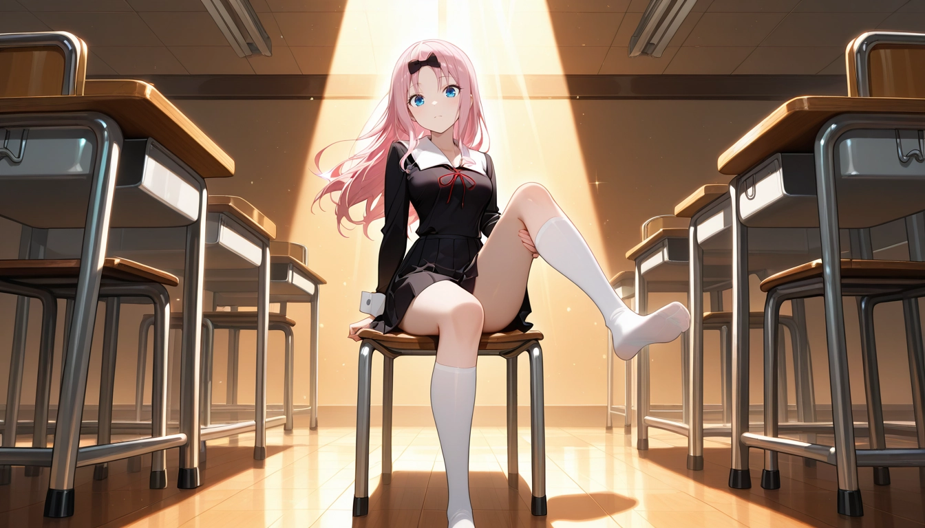 1girl, desk, pink hair, school uniform, shuuchiin academy school uniform, bow · Yamete.gg