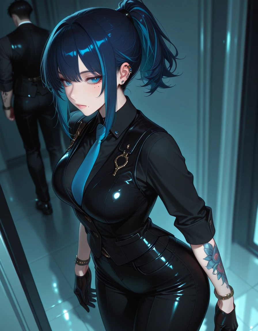 1girl, gloves, tattoo, necktie, breasts, shirt · Yamete.gg