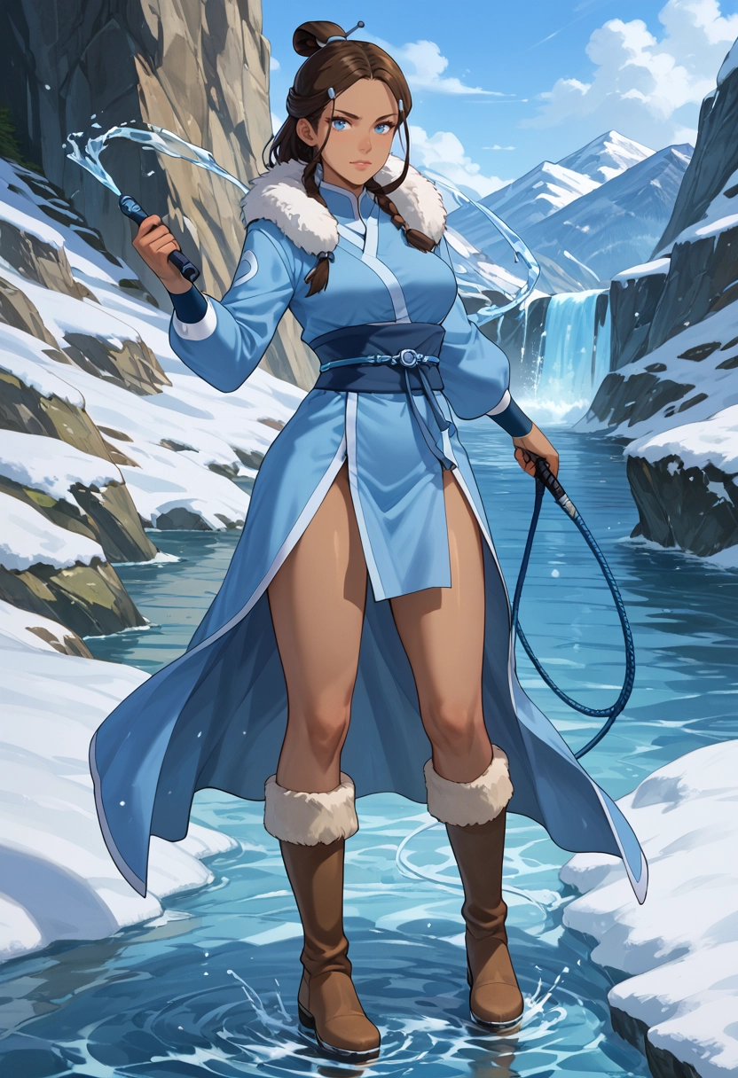 1girl, solo, water, brown footwear, blue eyes, boots · Yamete.gg