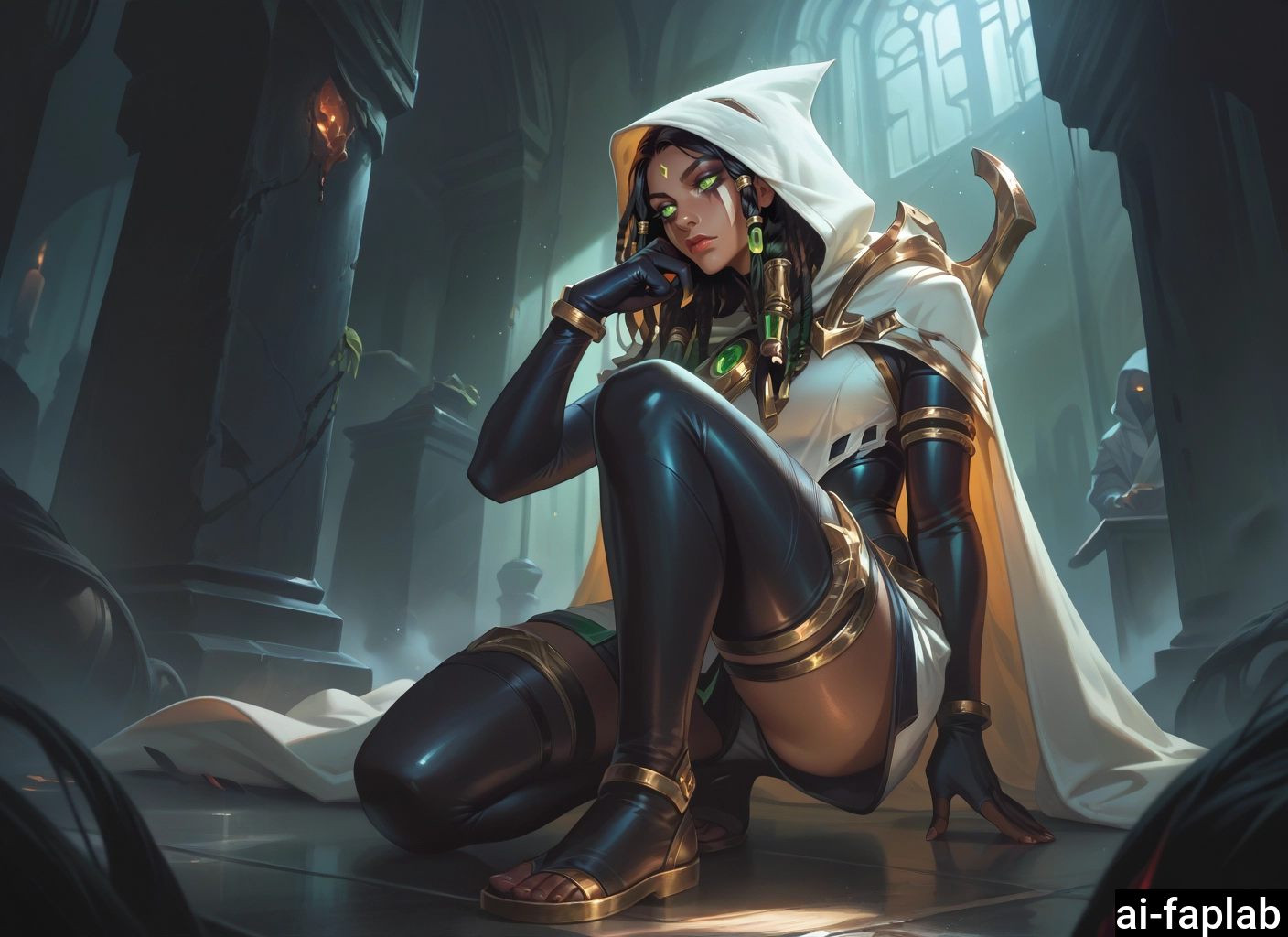 1girl, green eyes, dark-skinned female, dark skin, hood, black hair · Yamete.gg