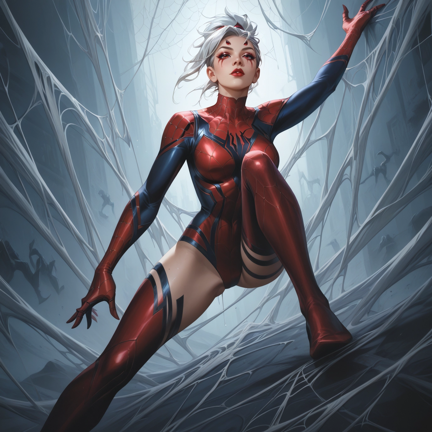 1girl, spider web, silk, breasts, blue eyes, thighhighs · Yamete.gg