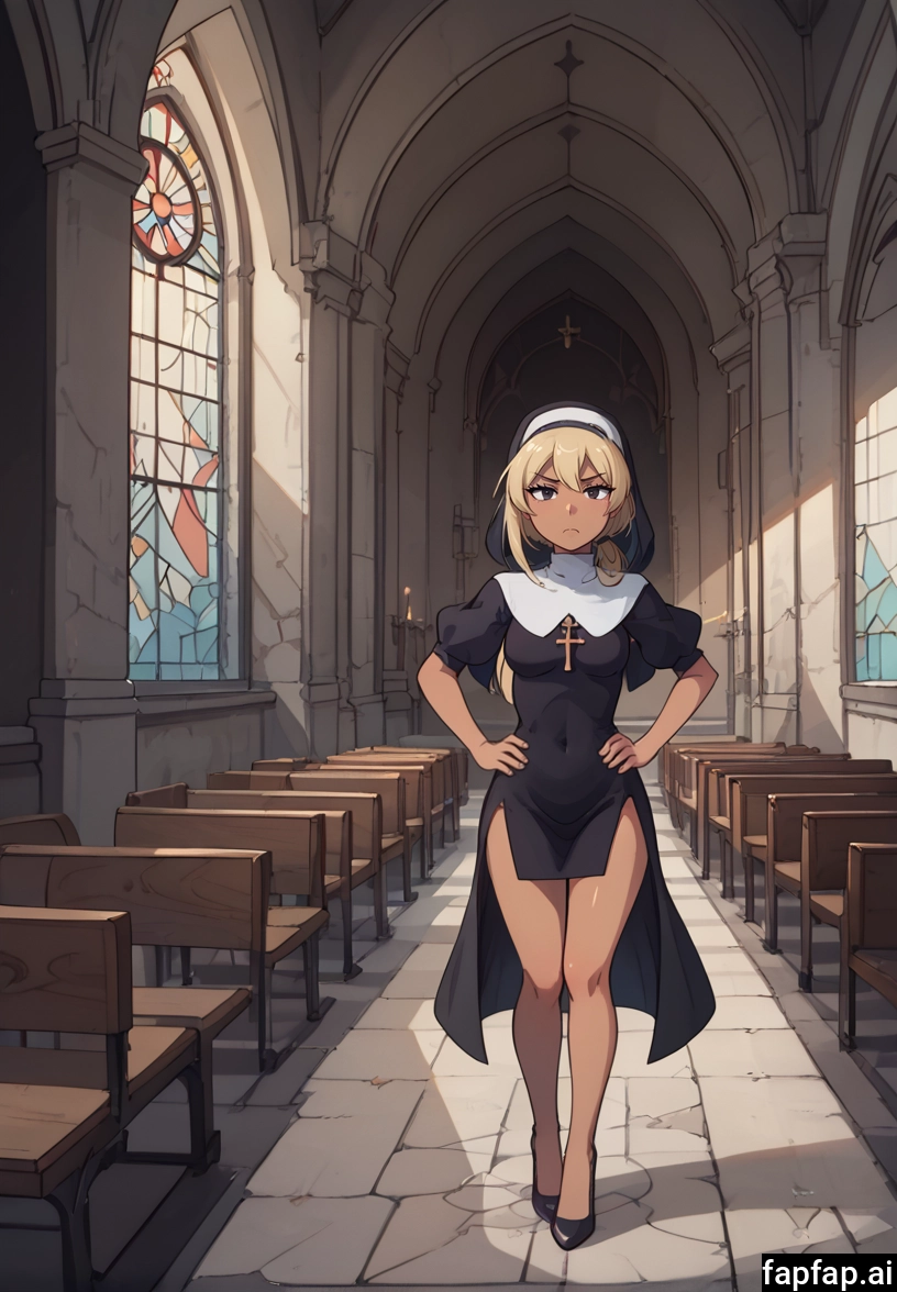 1girl, nun, solo, blonde hair, church, indoors