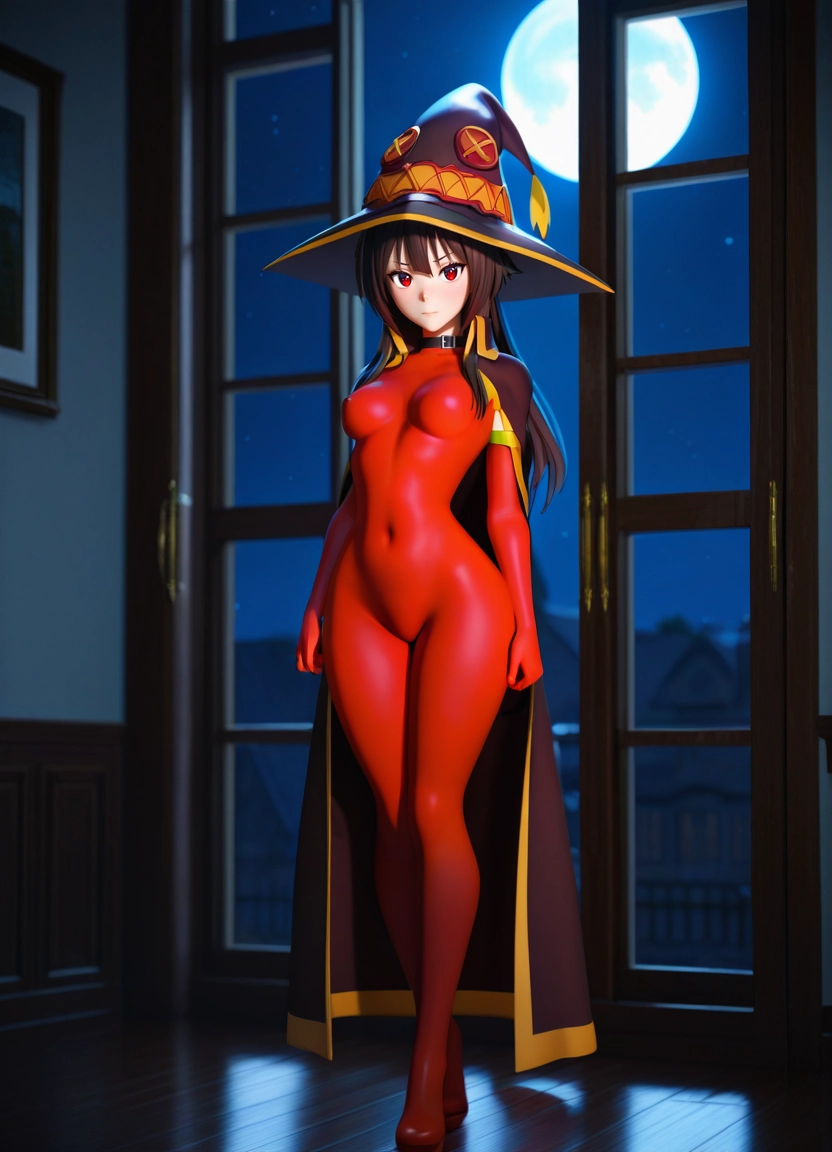 1girl, solo, bodysuit, red eyes, hat, moon · Yamete.gg