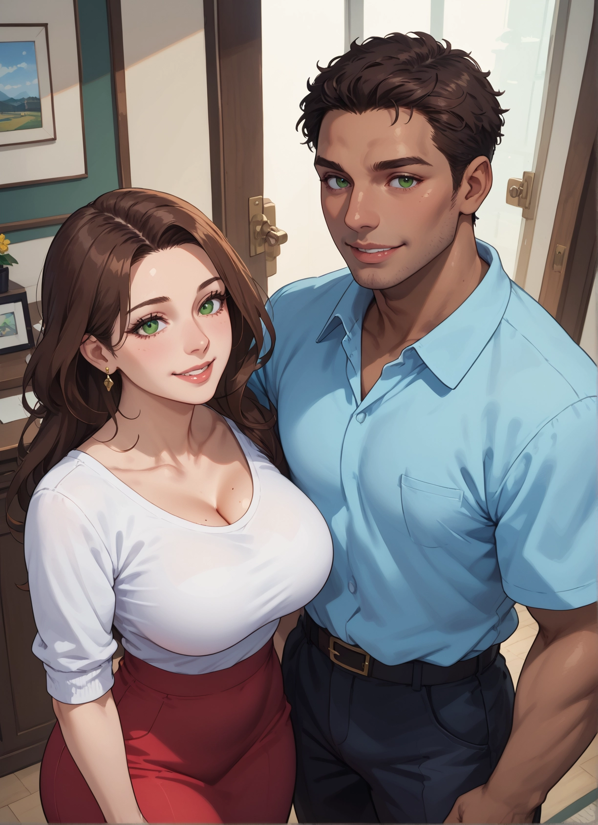 1girl, breasts, 1boy, green eyes, brown hair, skirt · Yamete.gg