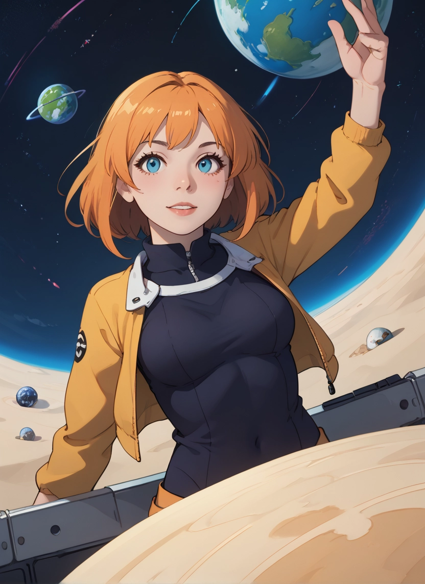 1girl, planet, blue eyes, solo, space, jacket · Yamete.gg