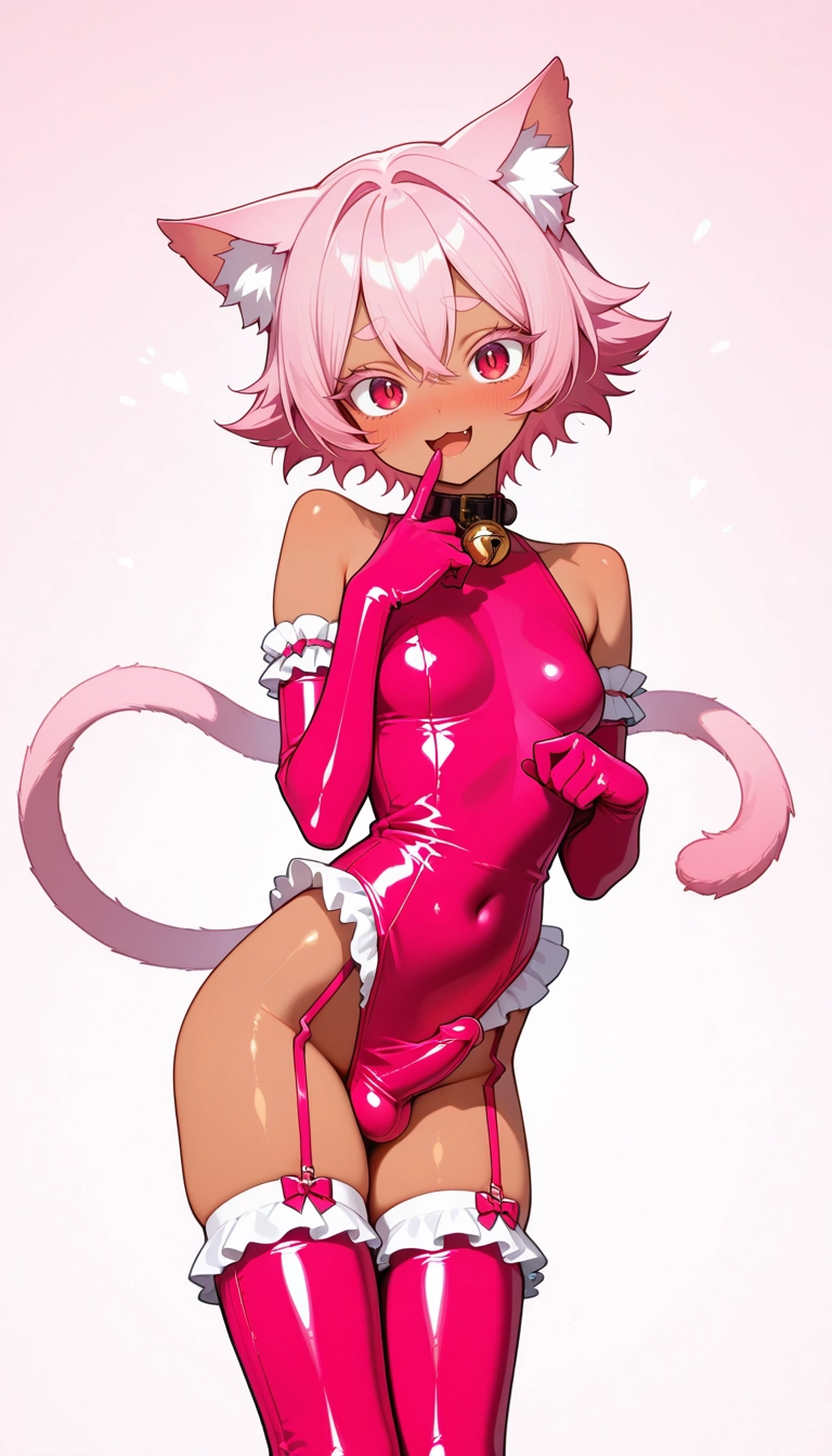 bulge, solo, gloves, pink hair, tail, dark skin · Yamete.gg