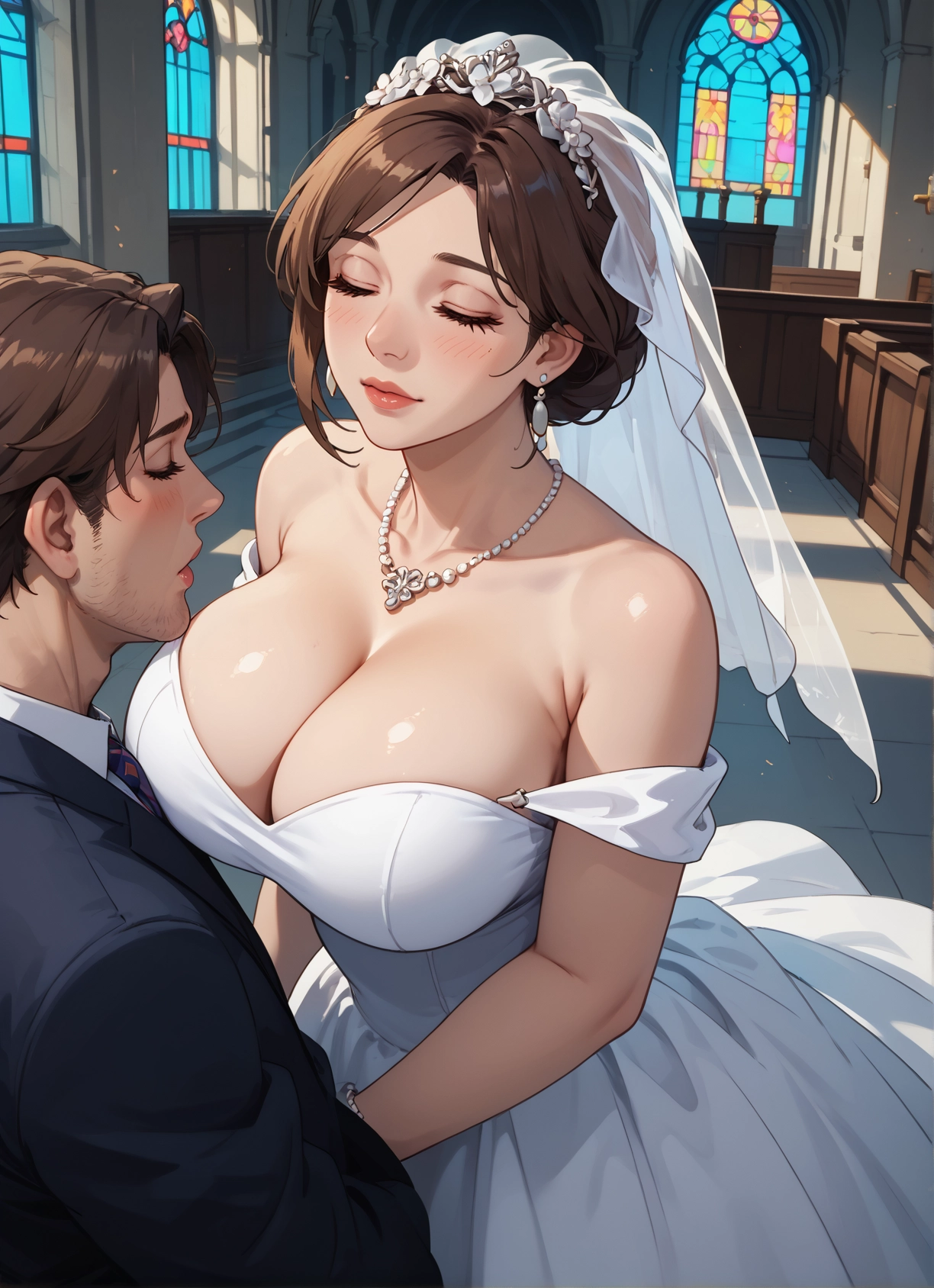 breasts, 1girl, dress, 1boy, brown hair, jewelry · Yamete.gg