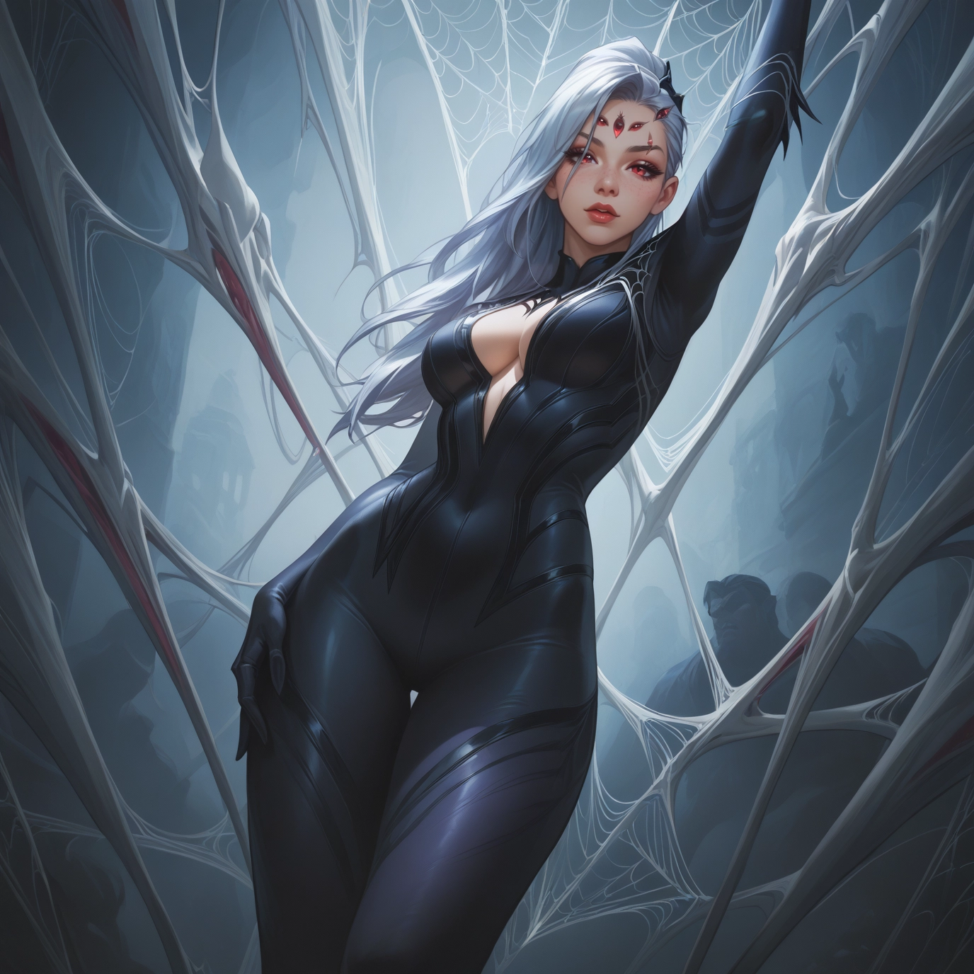1girl, breasts, silk, bodysuit, spider web, long hair · Yamete.gg