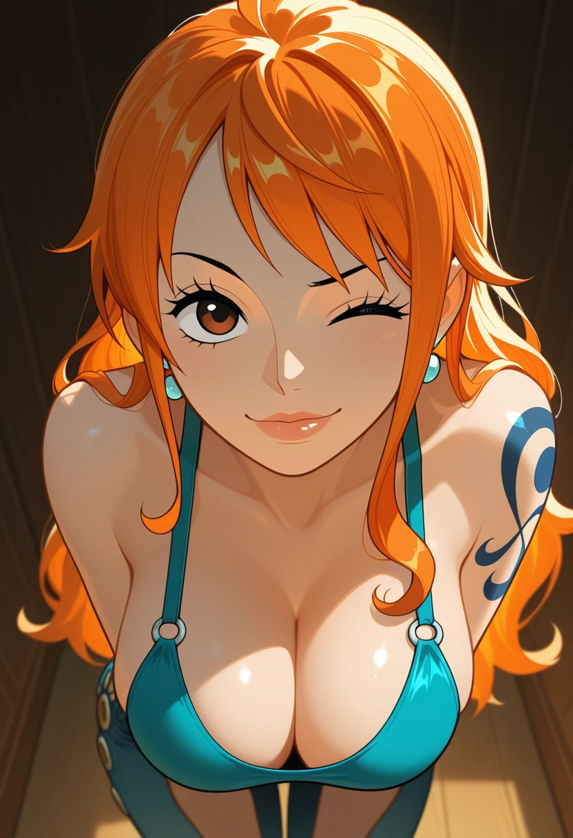 1girl, nami (one piece), breasts, solo, orange hair, one eye closed · Yamete.gg