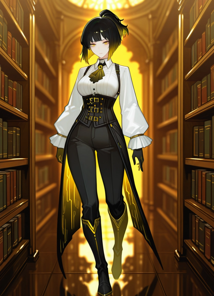 1girl, solo, shirt, multicolored hair, gloves, black hair