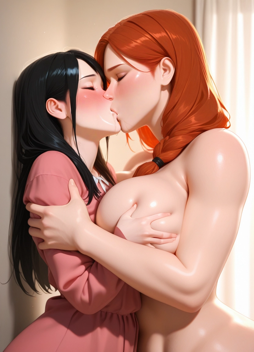 multiple girls, 2girls, yuri, breasts, kiss, closed eyes · Yamete.gg