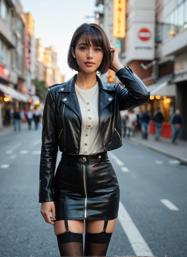 1girl, thighhighs, skirt, jacket, garter straps, leather · Yamete.gg