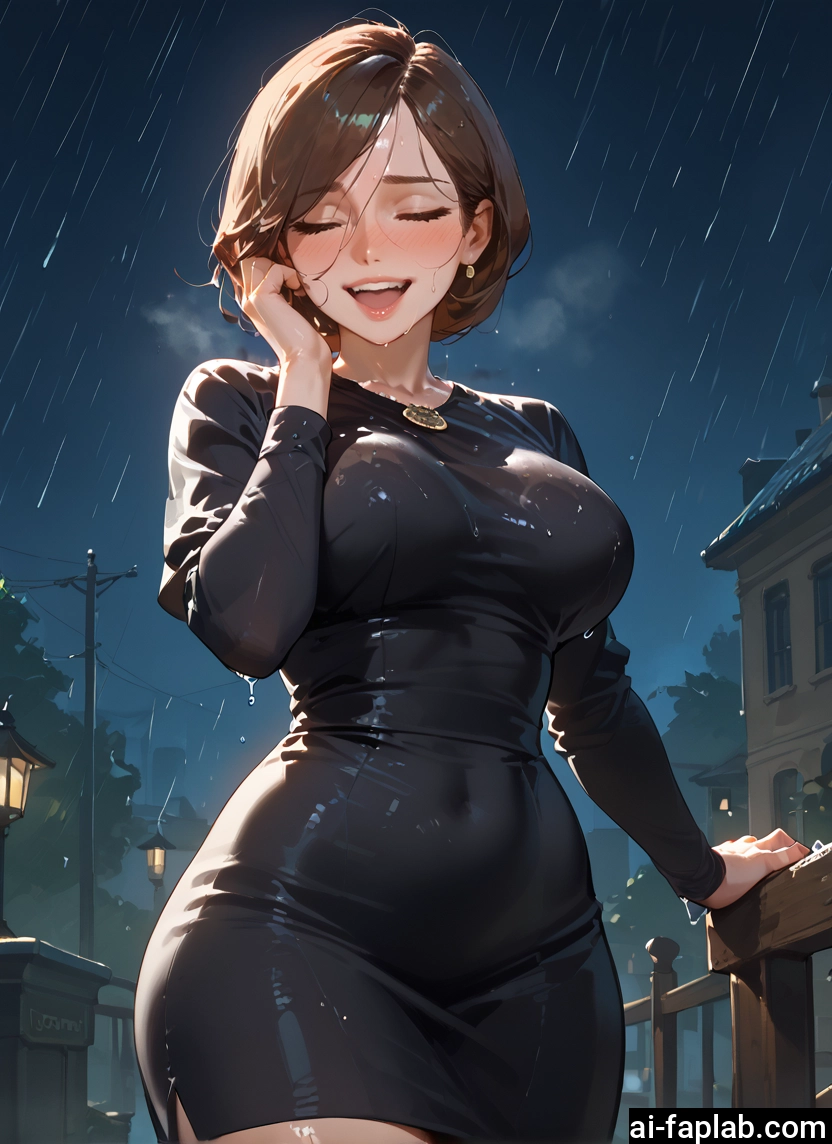 1girl, breasts, rain, jewelry, closed eyes, earrings