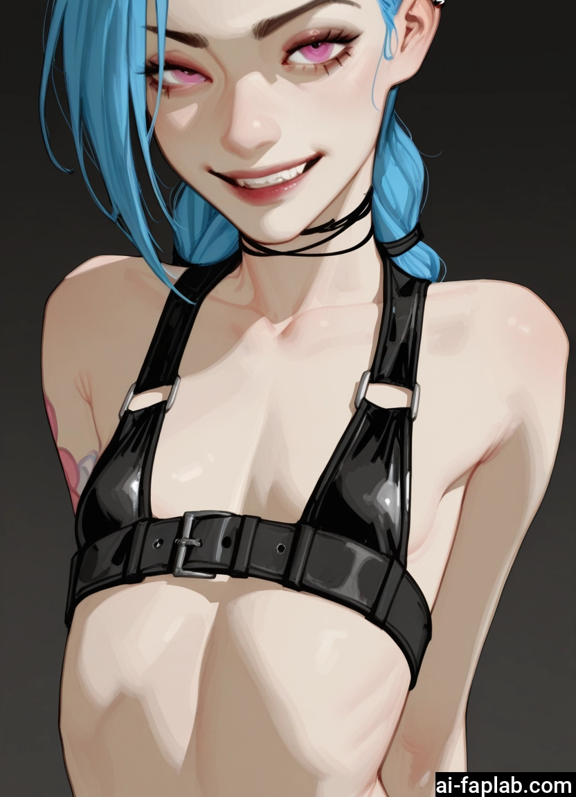 1girl, solo, blue hair, smile, tattoo, breasts