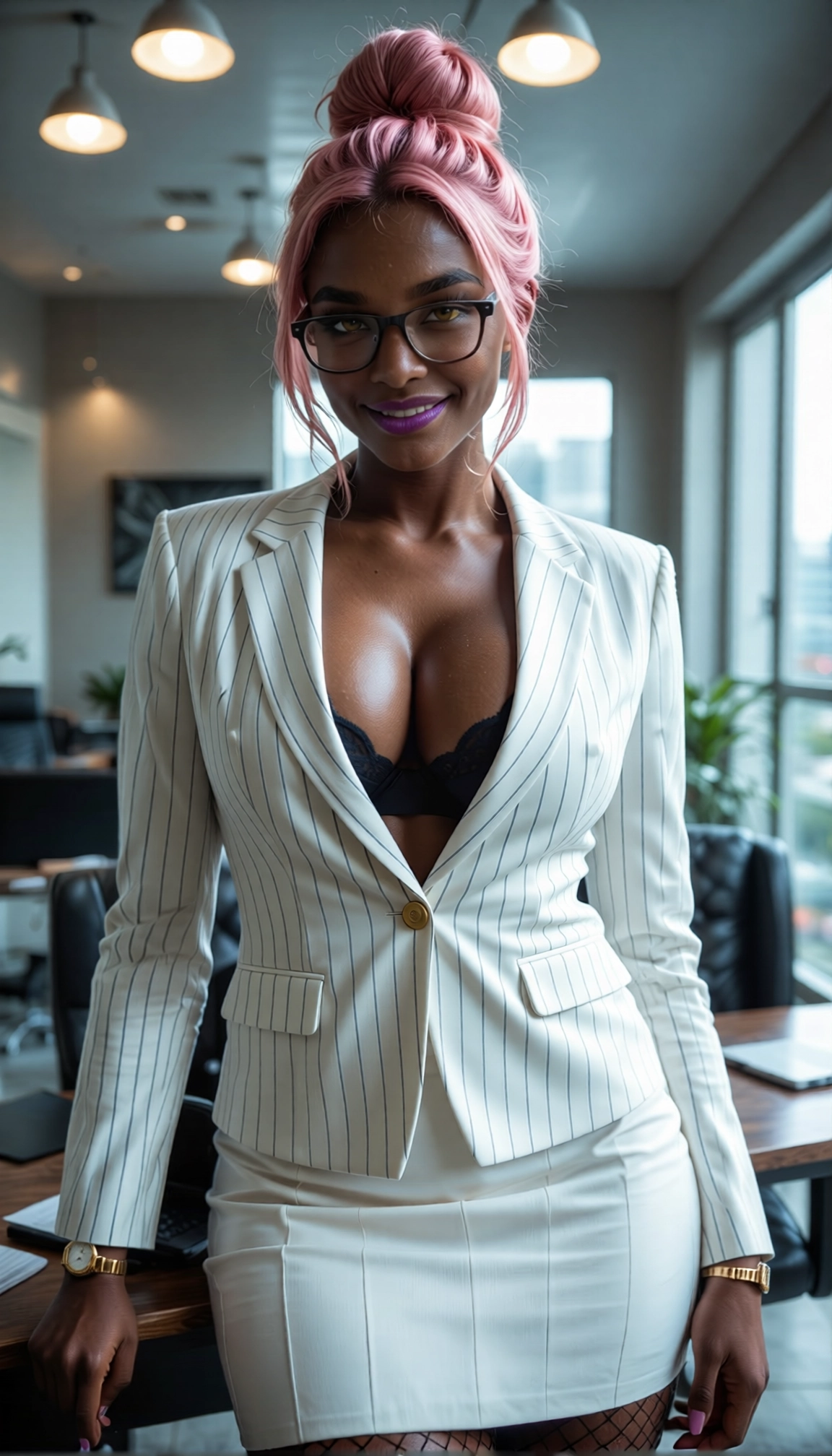 1girl, breasts, glasses, skirt, striped, solo · Yamete.gg