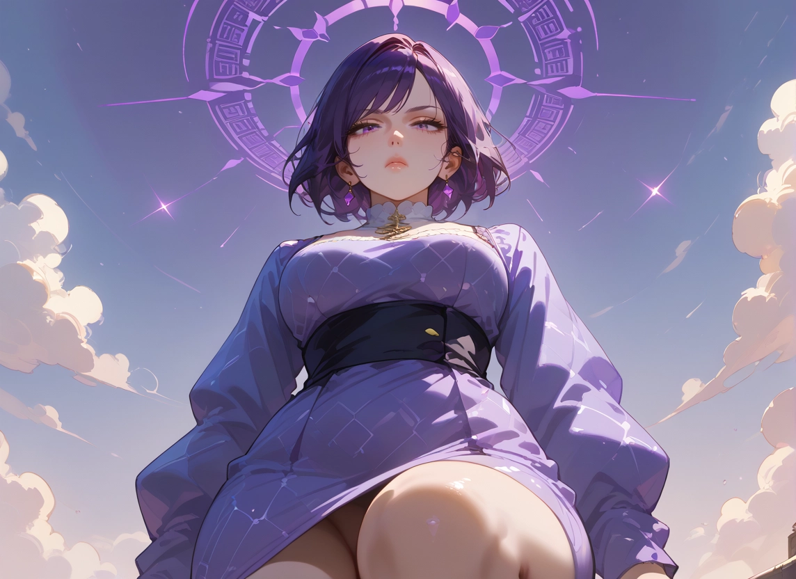 1girl, jewelry, earrings, solo, purple eyes, purple hair · Yamete.gg