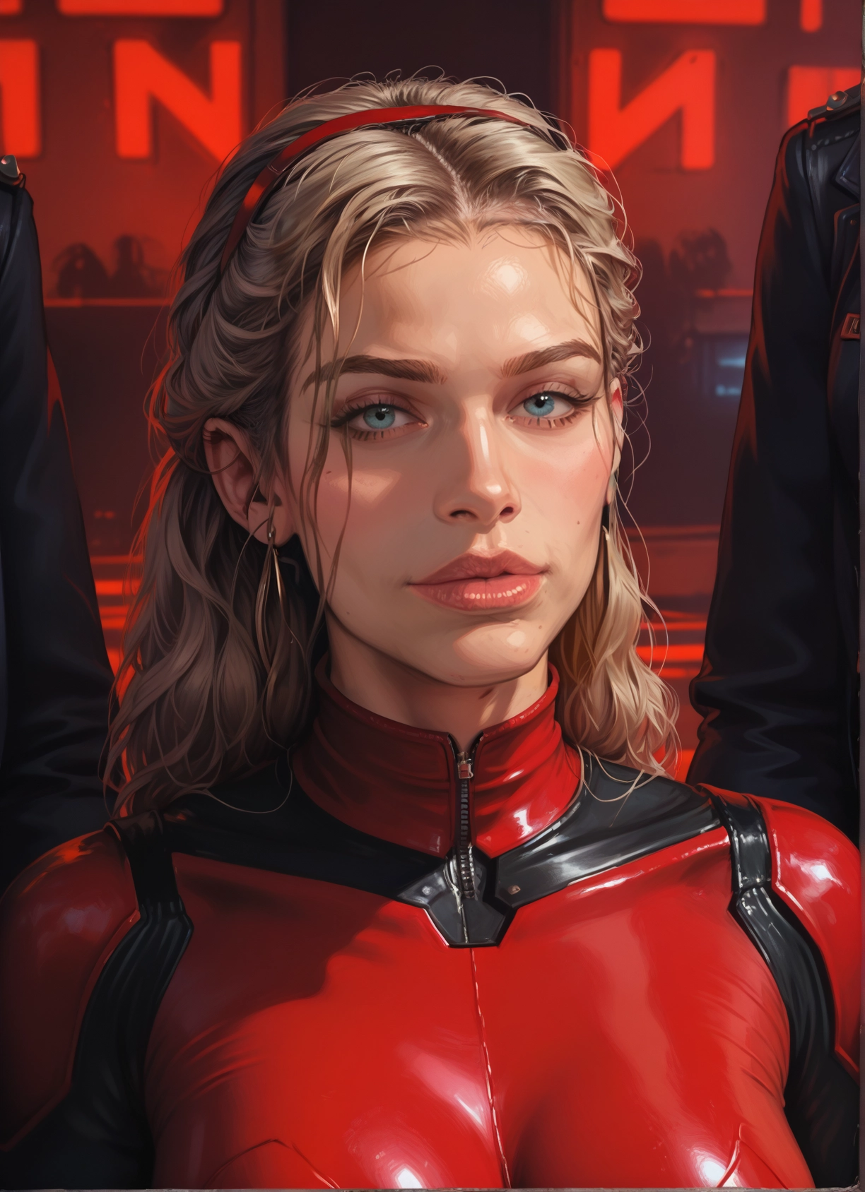 1girl, blonde hair, blue eyes, bodysuit, looking at viewer, hairband · Yamete.gg