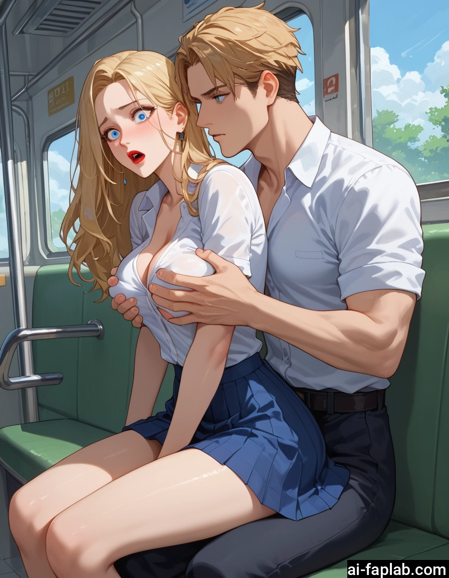 1girl, 1boy, skirt, breasts, blonde hair, grabbing