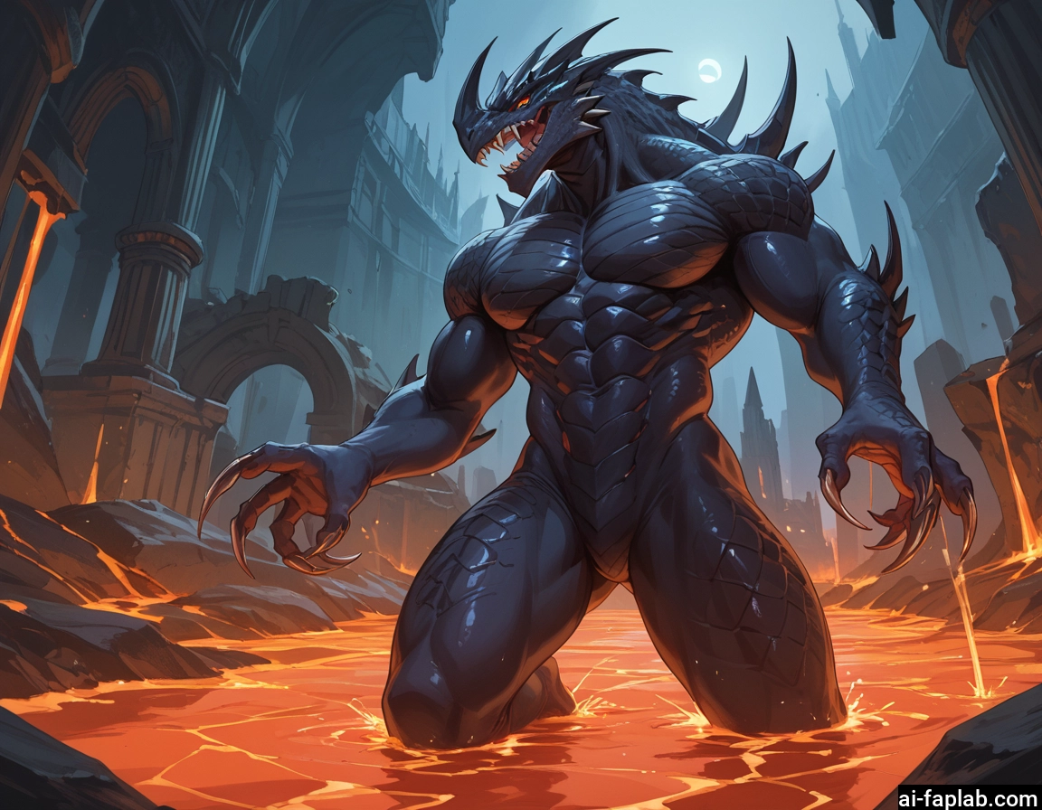 bara, muscular, moon, molten rock, solo, claws · Yamete.gg