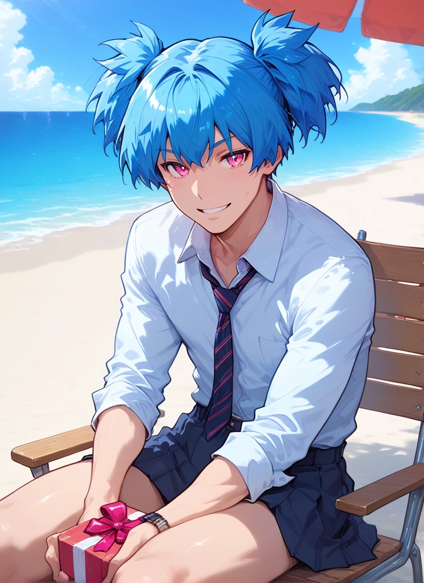 skirt, necktie, beach, smile, twintails, sitting · Yamete.gg