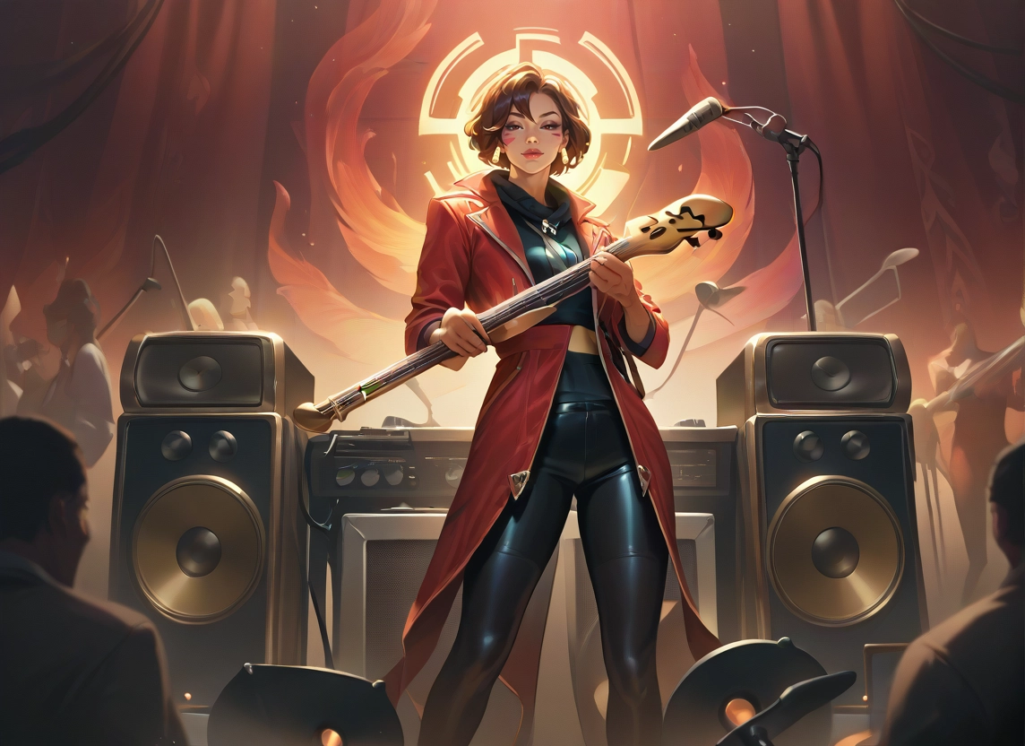 instrument, microphone, 1girl, pants, solo focus, speaker · Yamete.gg