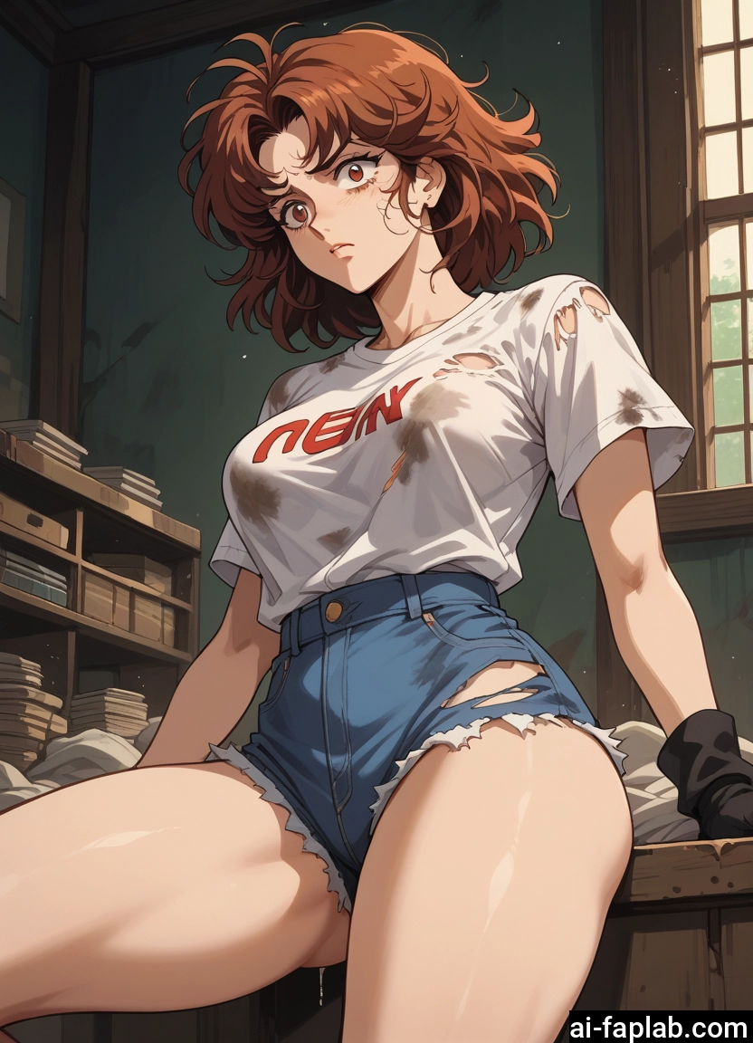 1girl, shorts, brown hair, solo, shirt, torn clothes · Yamete.gg