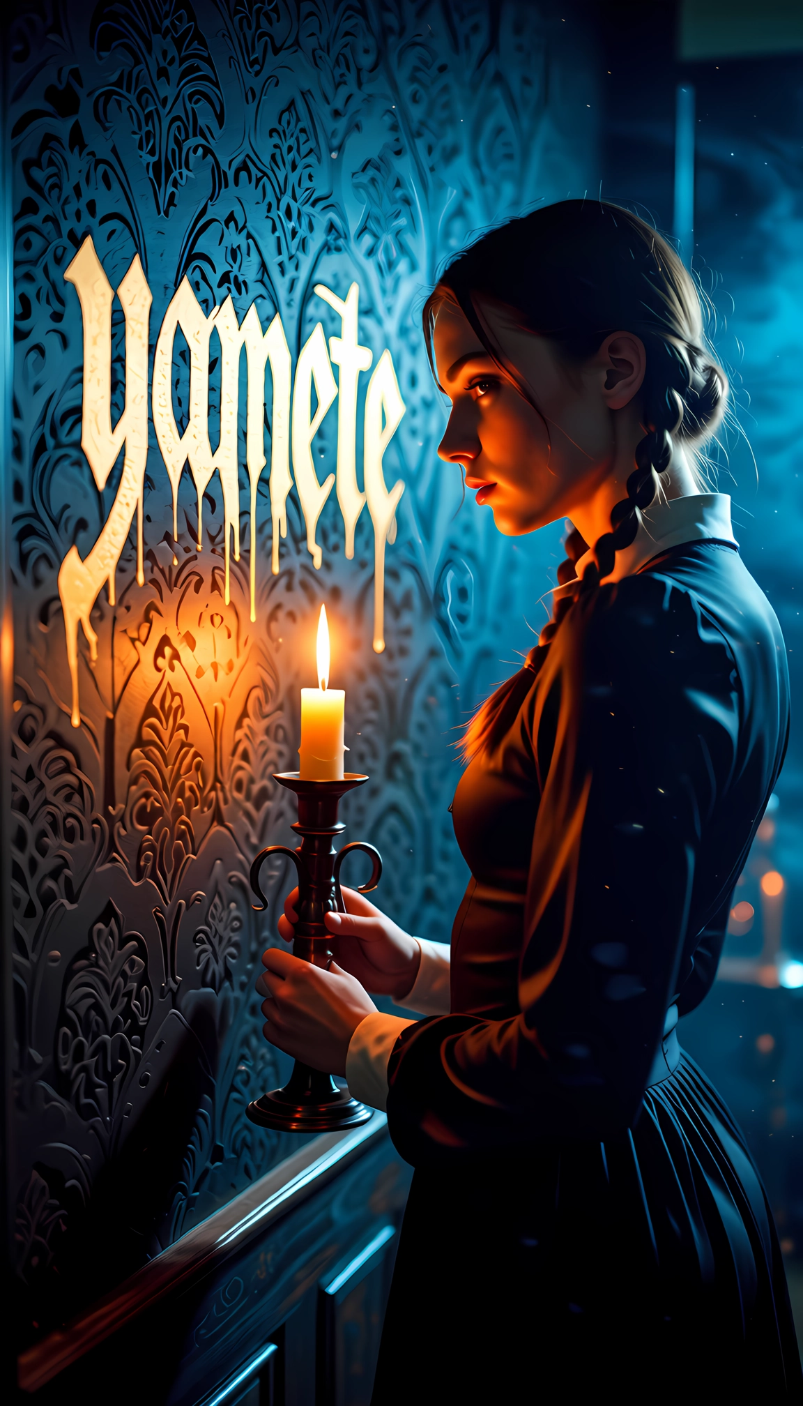 1girl, candle, solo, braid, candlestand, dress