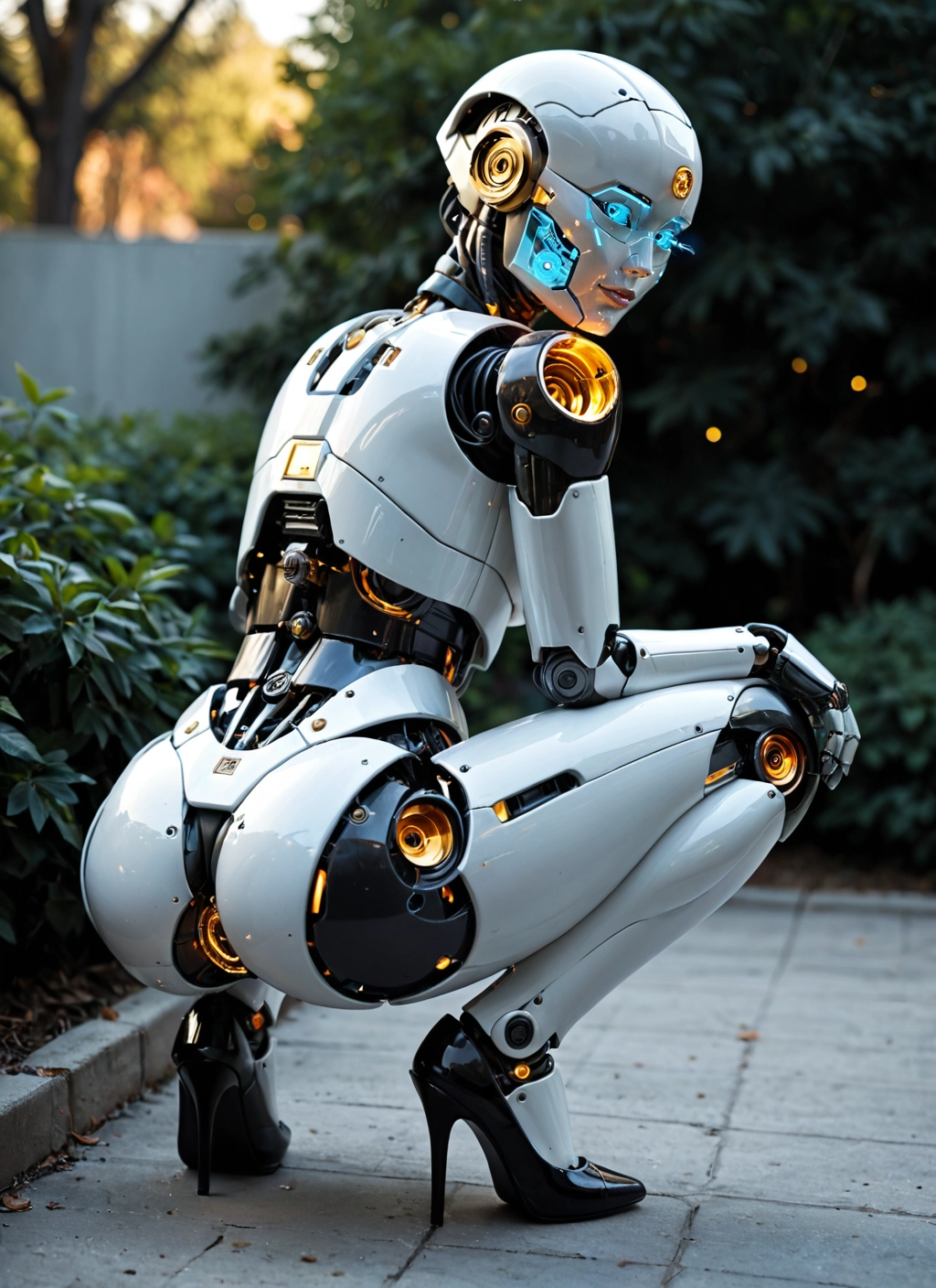 1girl, solo, squatting, high heels, robot joints, robot · Yamete.gg