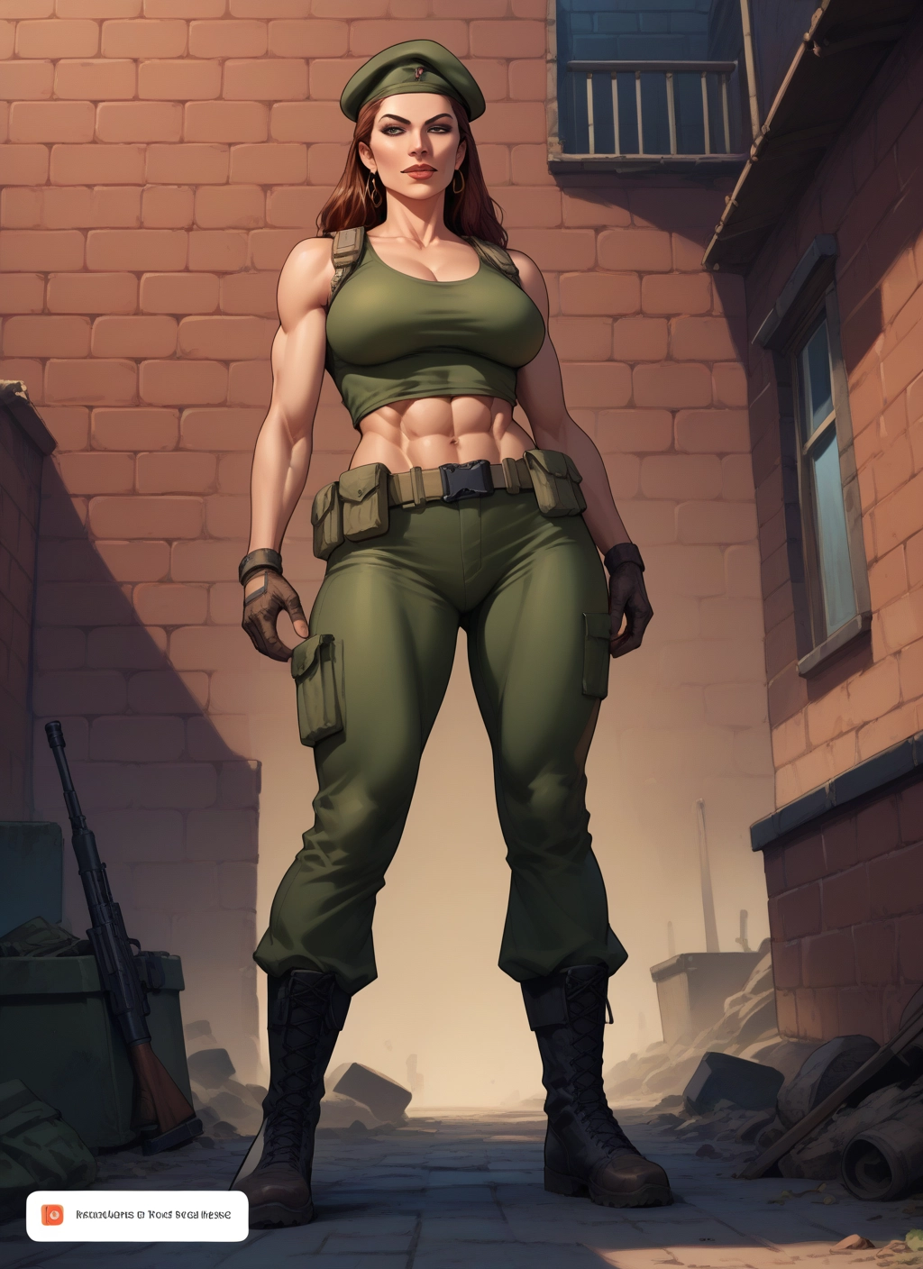 1girl, weapon, gun, breasts, abs, gloves · Yamete.gg