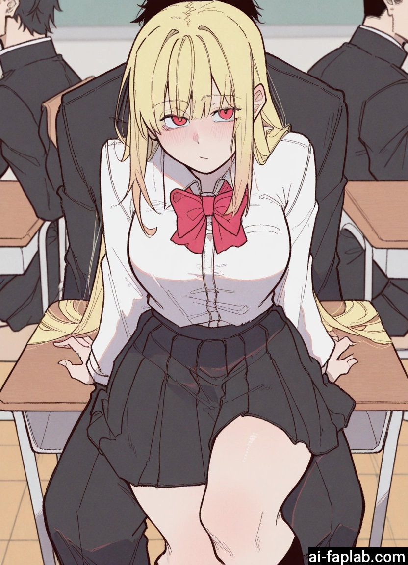 blonde hair, 1girl, skirt, long hair, red eyes, multiple boys