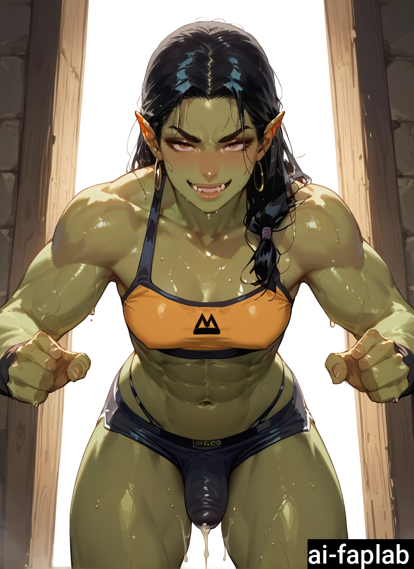 1boy, bulge, colored skin, male focus, pointy ears, green skin · Yamete.gg