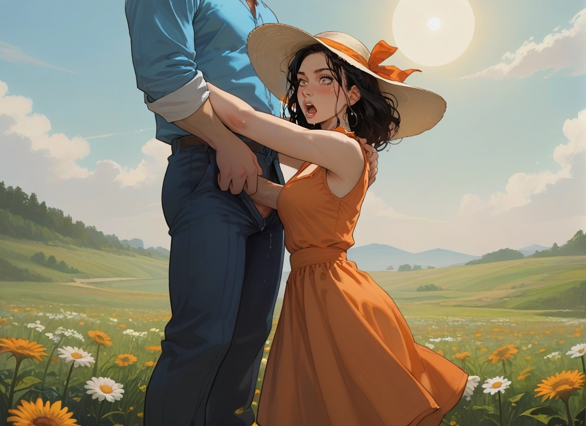 1girl, hat, 1boy, dress, flower, outdoors · Yamete.gg