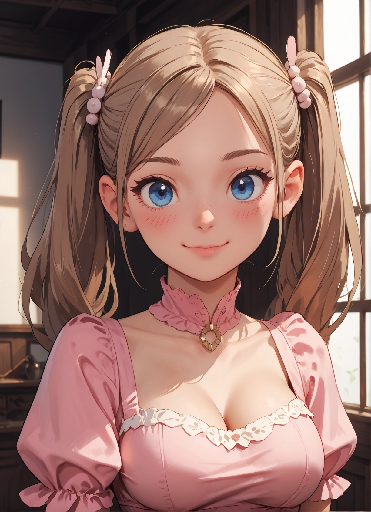 1girl, breasts, solo, blue eyes, twintails, cleavage