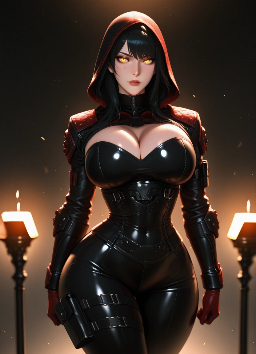 1girl, breasts, black hair, yellow eyes, solo, gloves · Yamete.gg
