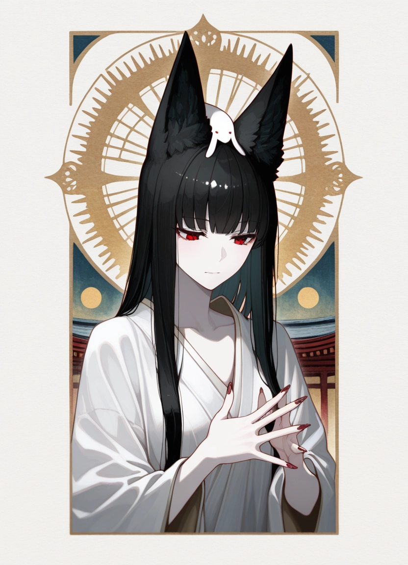 1girl, animal ears, red eyes, long hair, black hair, fox ears