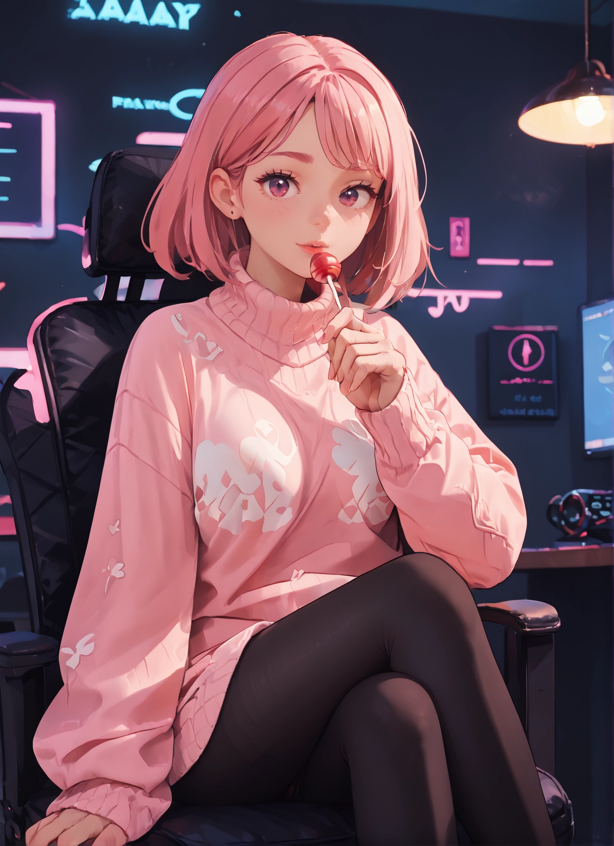 1girl, food, pantyhose, candy, pink hair, lollipop · Yamete.gg