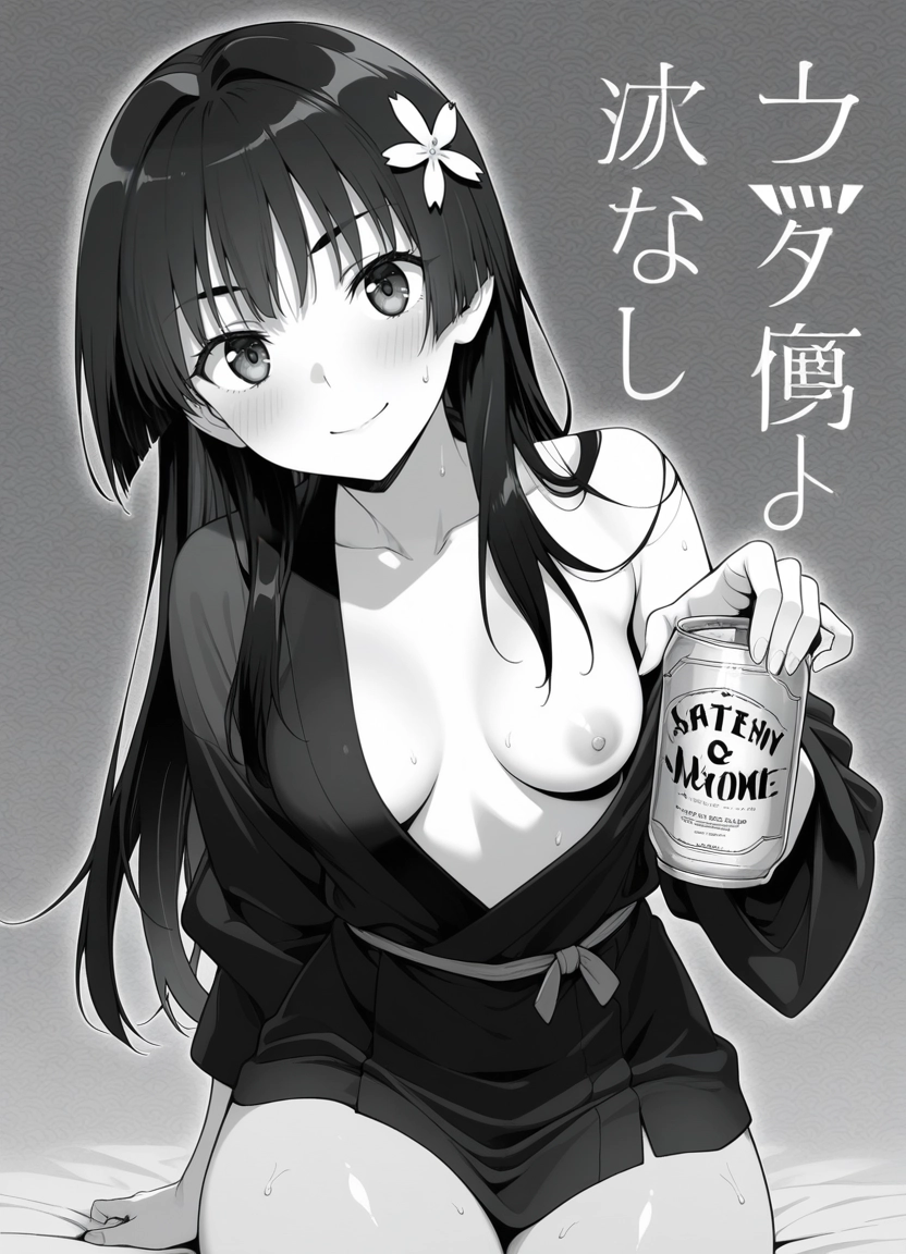 1girl, breasts, monochrome, greyscale, solo, can · Yamete.gg