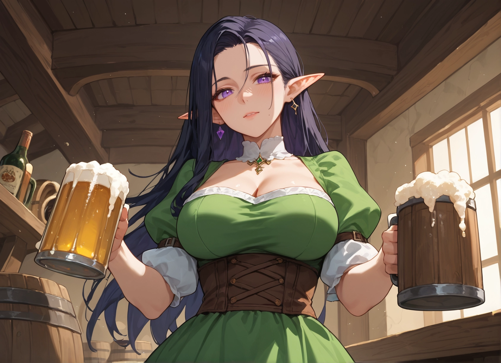 1girl, breasts, pointy ears, jewelry, earrings, cup