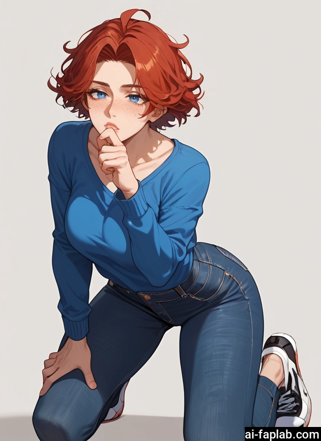 1girl, blue eyes, pants, freckles, solo, short hair · Yamete.gg