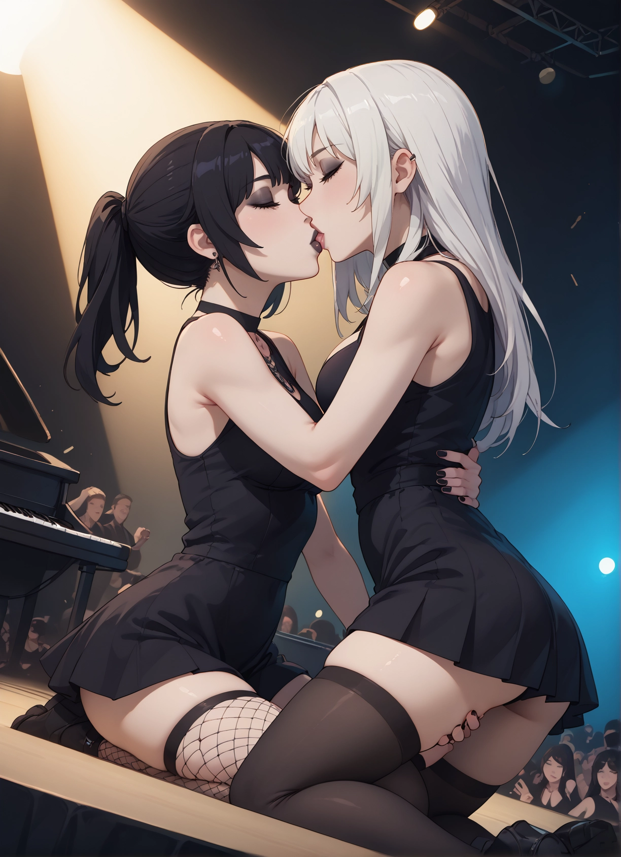 thighhighs, multiple girls, kiss, instrument, yuri, piano · Yamete.gg