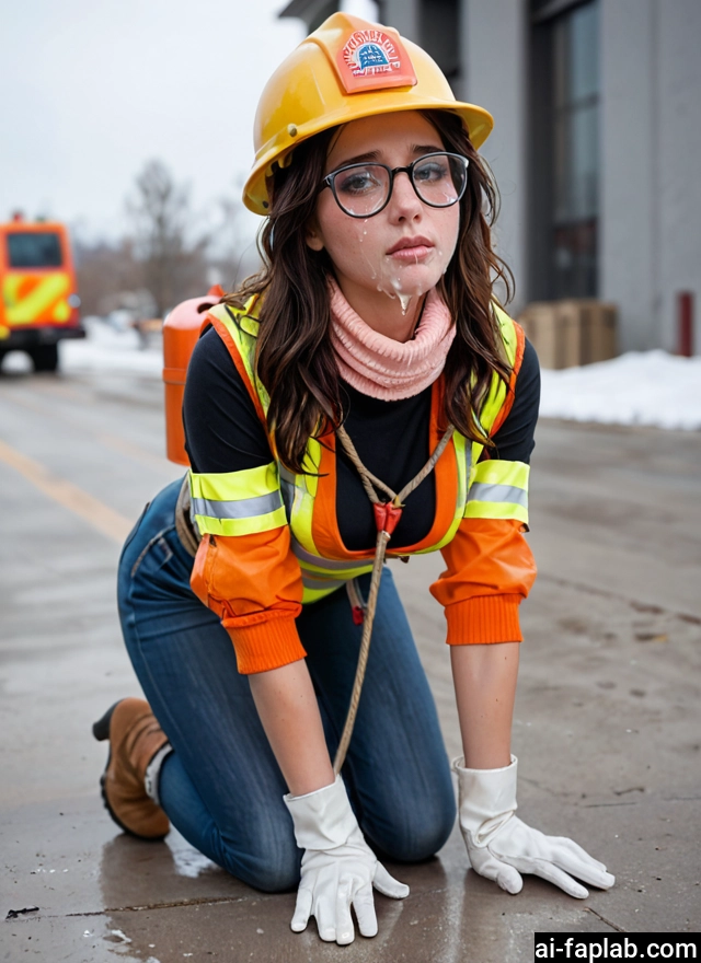 1girl, glasses, gloves, brown hair, solo, pants