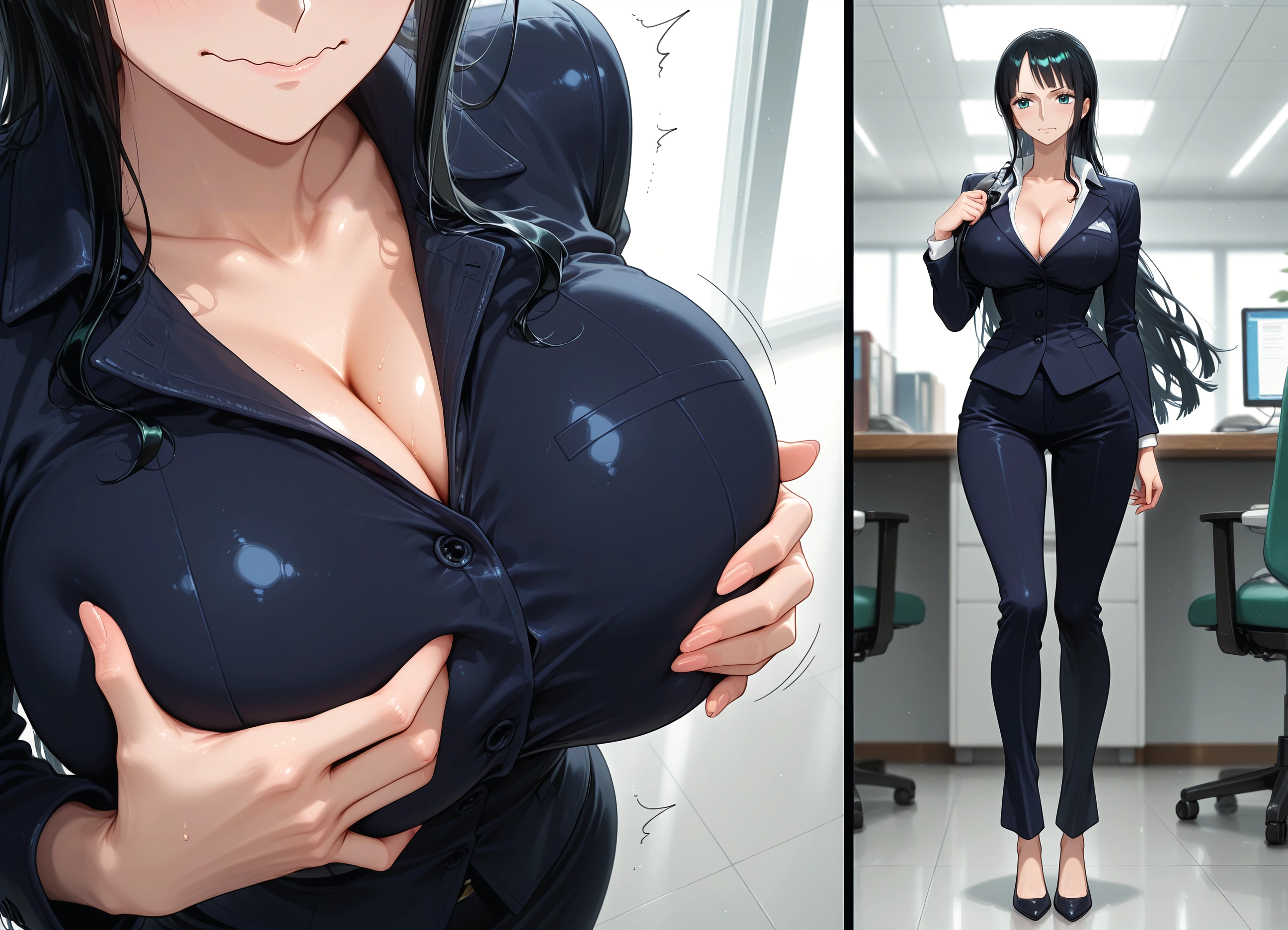 breasts, 1girl, cleavage, long hair, black hair, formal · Yamete.gg