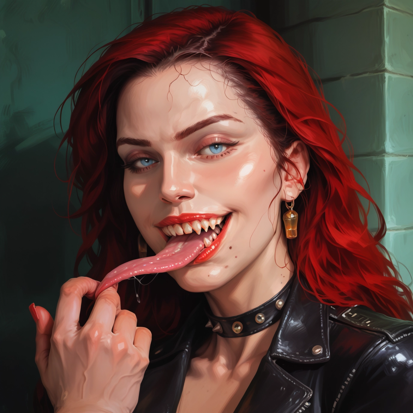 1girl, tongue, jewelry, red hair, blue eyes, earrings · Yamete.gg