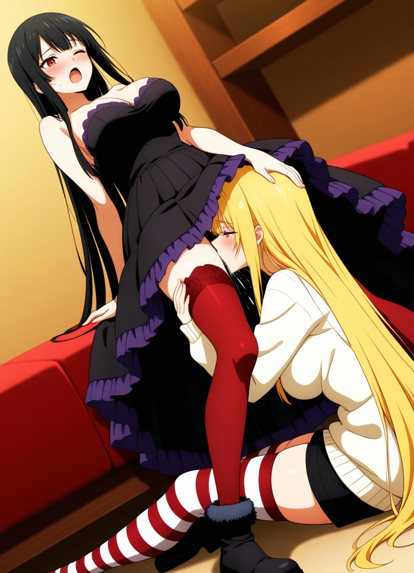 multiple girls, thighhighs, 2girls, cunnilingus, long hair, yuri