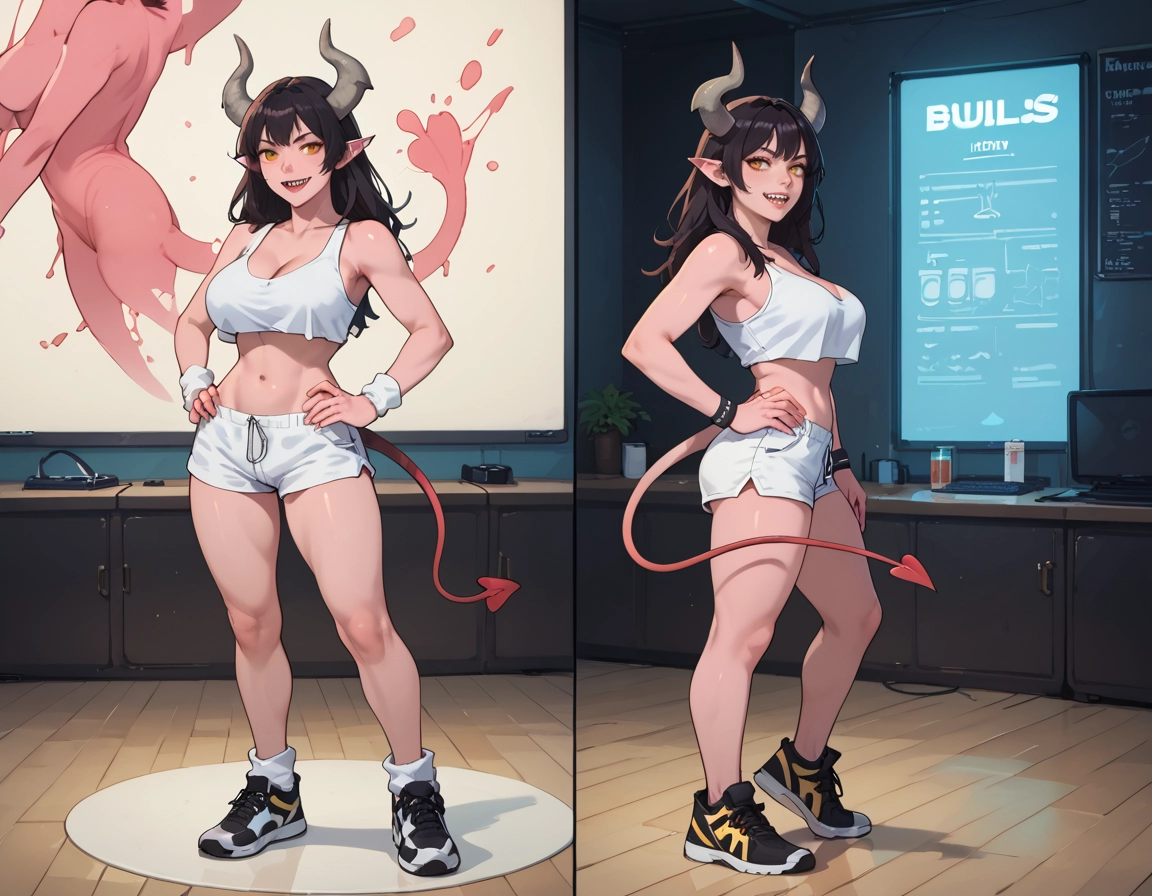 breasts, shorts, navel, horns, demon tail, tail · Yamete.gg