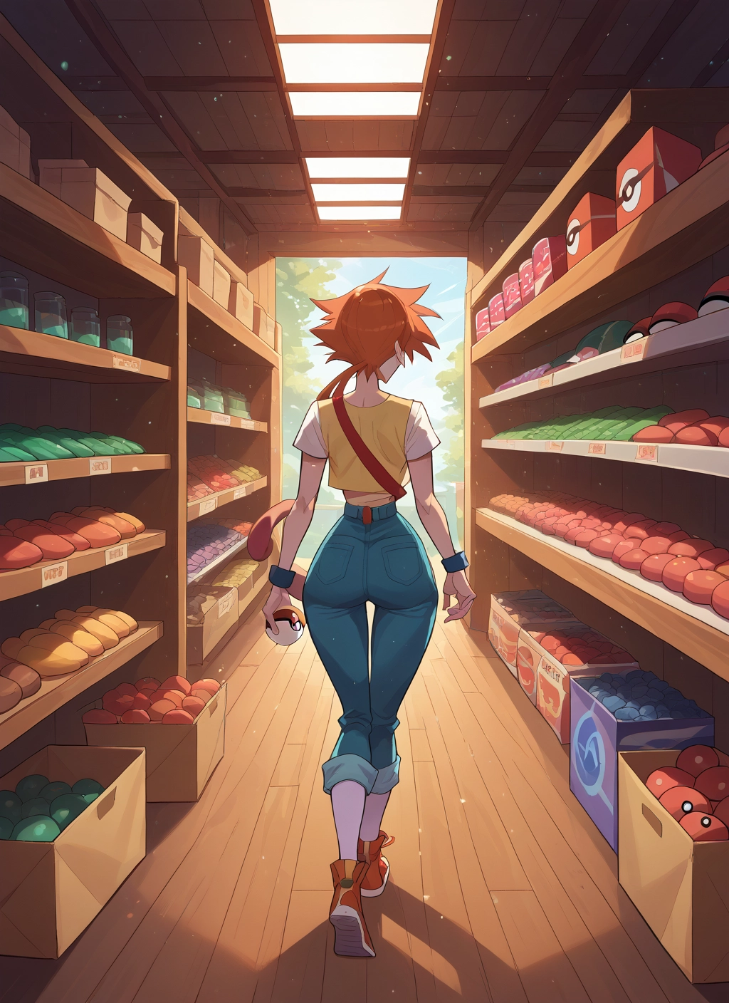 1girl, pants, ass, holding, solo, orange hair · Yamete.gg