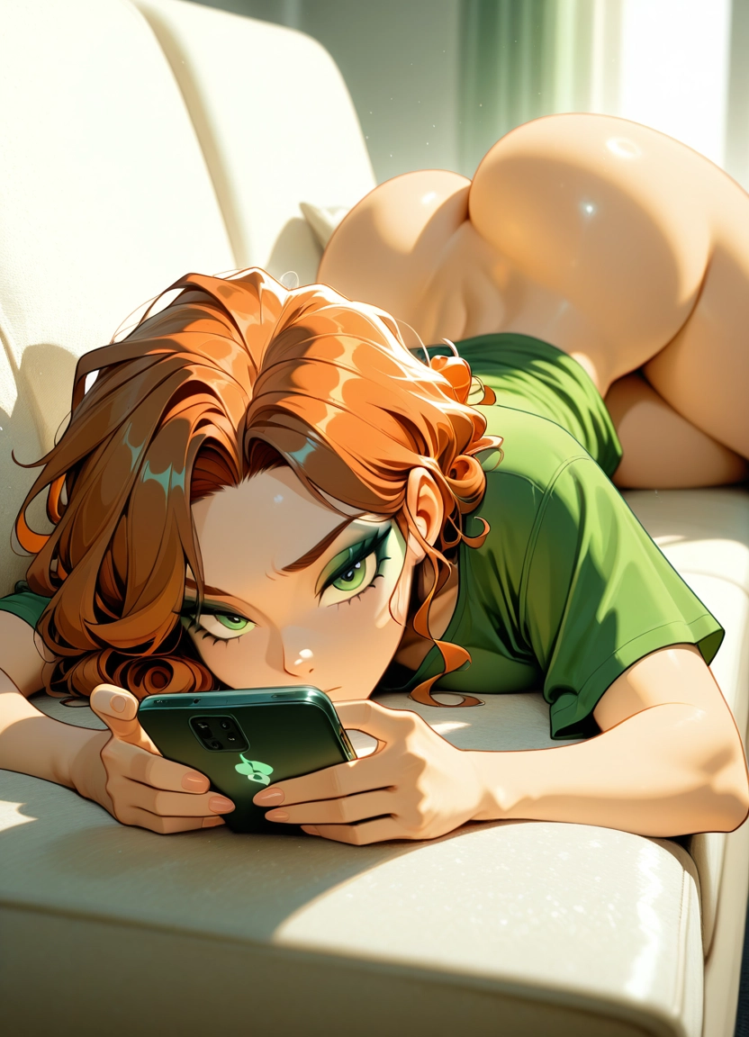 1girl, ass, solo, green eyes, phone, green shirt