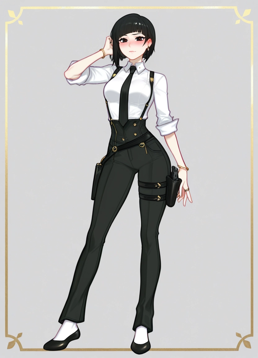 1girl, solo, shirt, holster, pants, black hair · Yamete.gg