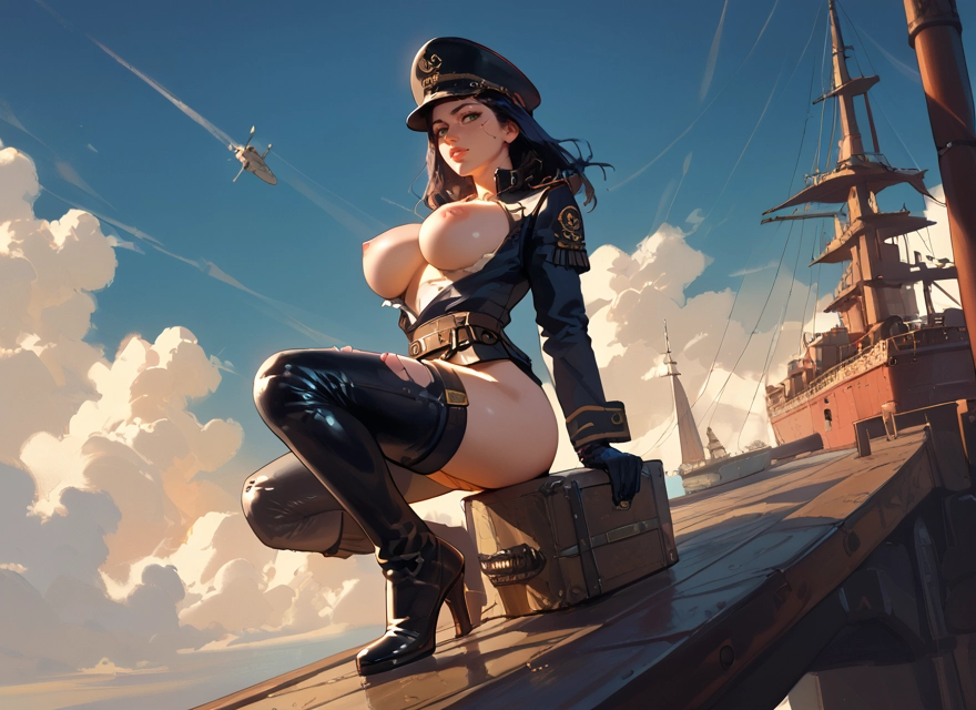 1girl, breasts, nipples, hat, thighhighs, boots