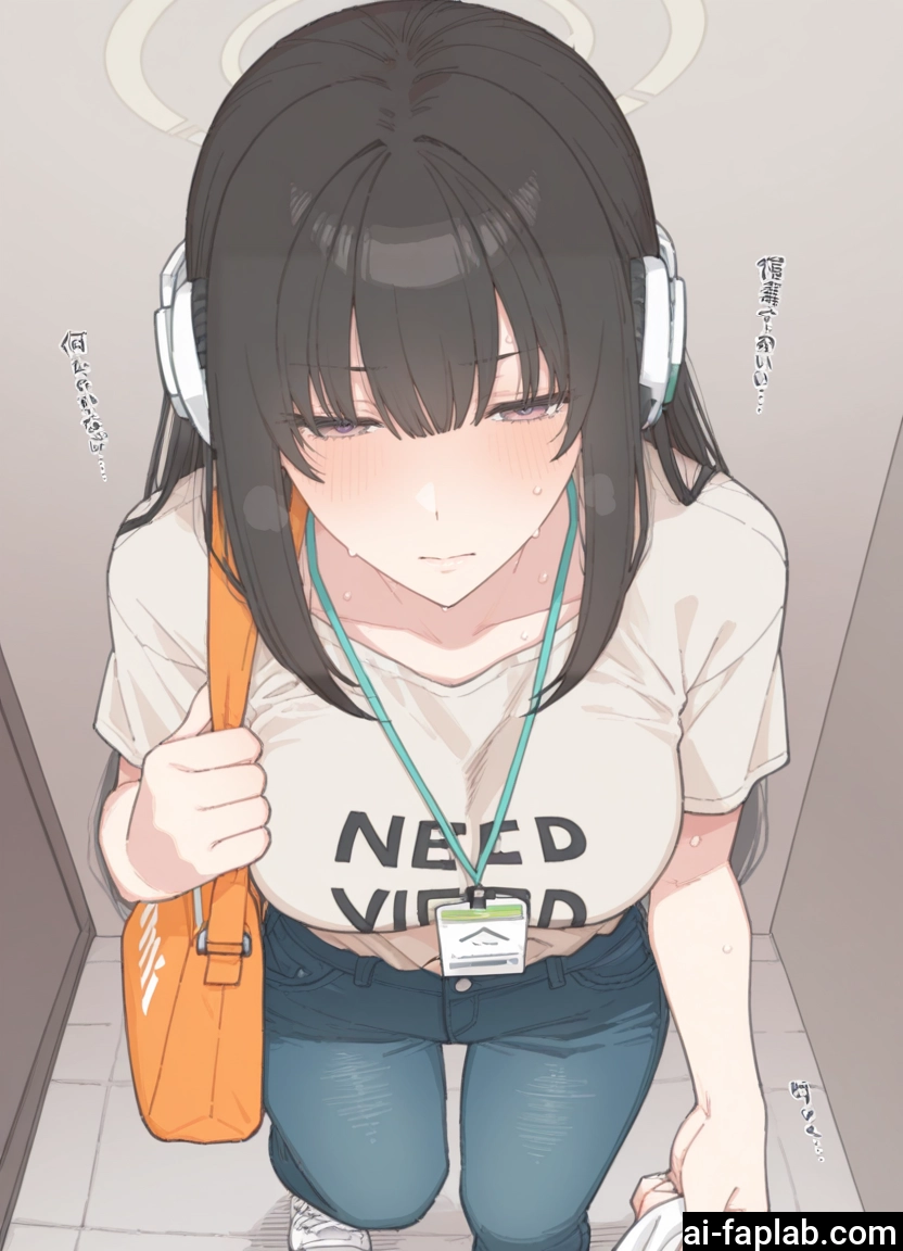 1girl, black hair, pants, breasts, headphones, shirt